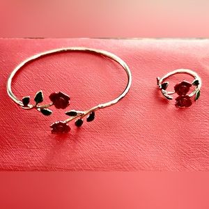 Silver plated rose ring and bracelet